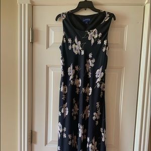Size 14 Long sleeveless Navy dress with lavender and cream floral pattern dress.